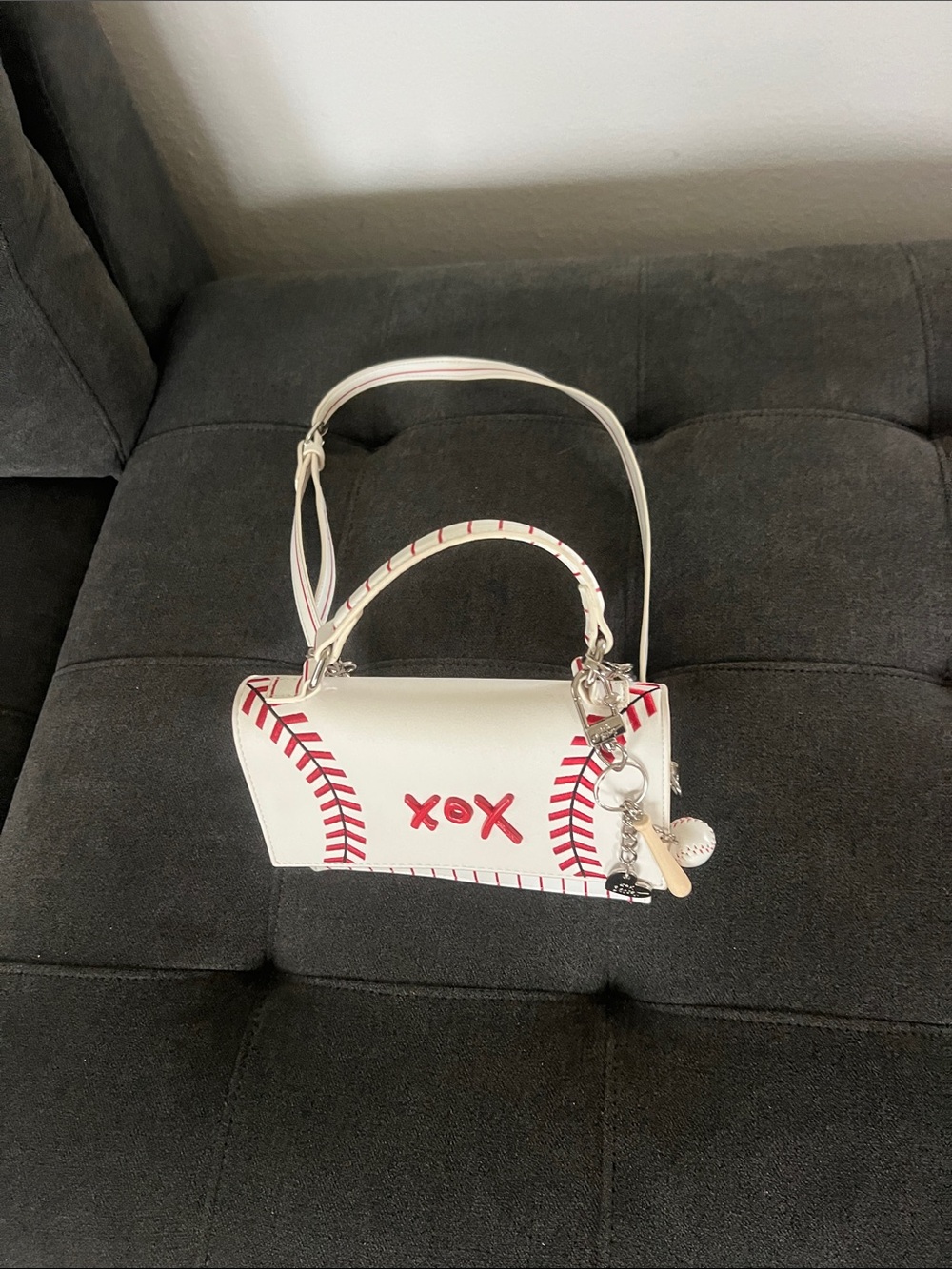 Betsey Johnson White and Red Baseball-Inspired Top-Handle Bag